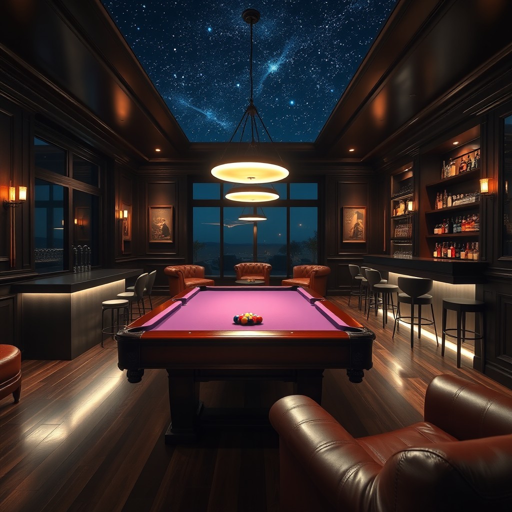 A beautifully designed pool room at night, featuring elegant lighting that casts soft reflections on the pool table