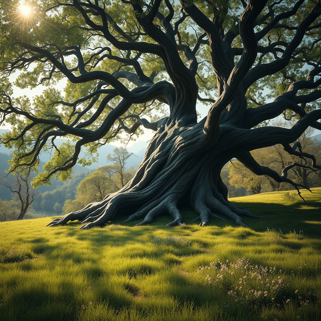 A stunning full-length depiction of an ancient oak tree set in a medieval adventure landscape