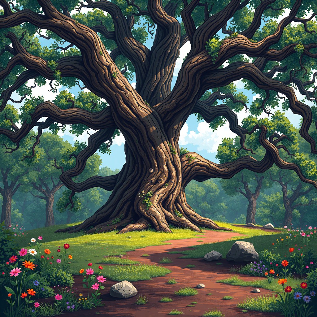 A captivating full-length depiction of a majestic oak tree, emphasizing its grand stature in a medieval adventure setting
