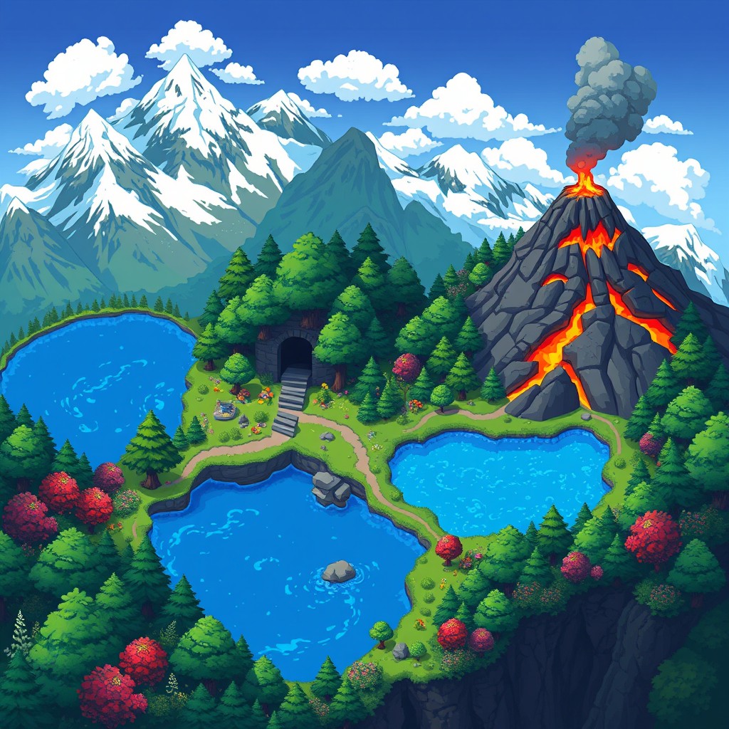 A detailed 2D pixel art map showcasing a lush fantasy landscape featuring a dense forest with rich green trees and vibrant pixel flowers