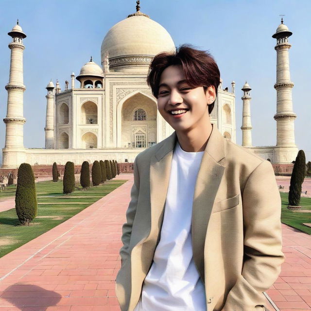 Jeon Jungkook from BTS, displaying a joyful laugh, standing in front of the iconic Taj Mahal.