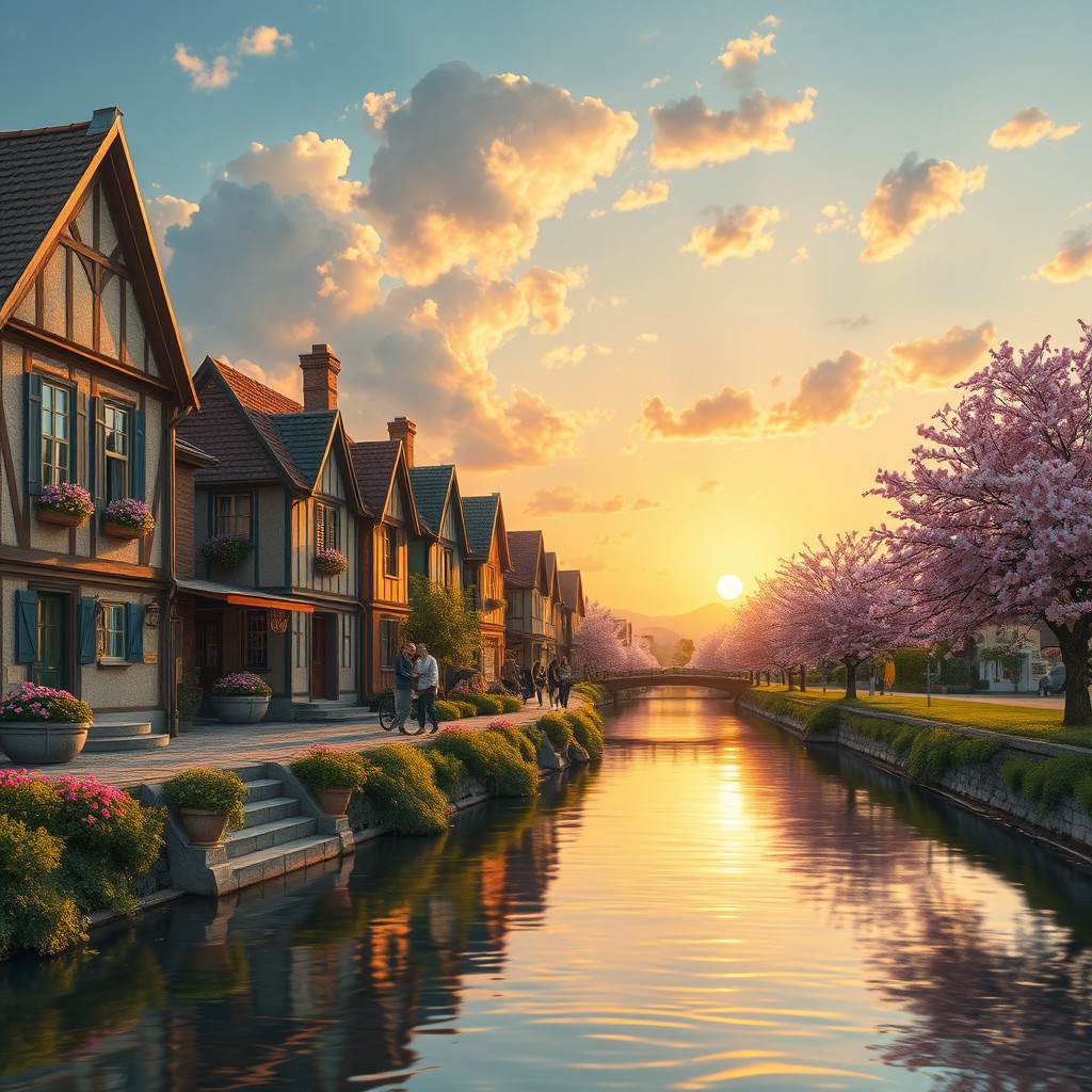 A serene landscape depicting nostalgic places, featuring a quaint, rustic village with cobblestone streets, vintage houses with colorful shutters, and blooming flower gardens