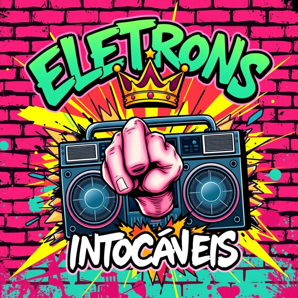 A vibrant street art style t-shirt design featuring the text "Elétrons Intocáveis" in dynamic graffiti lettering