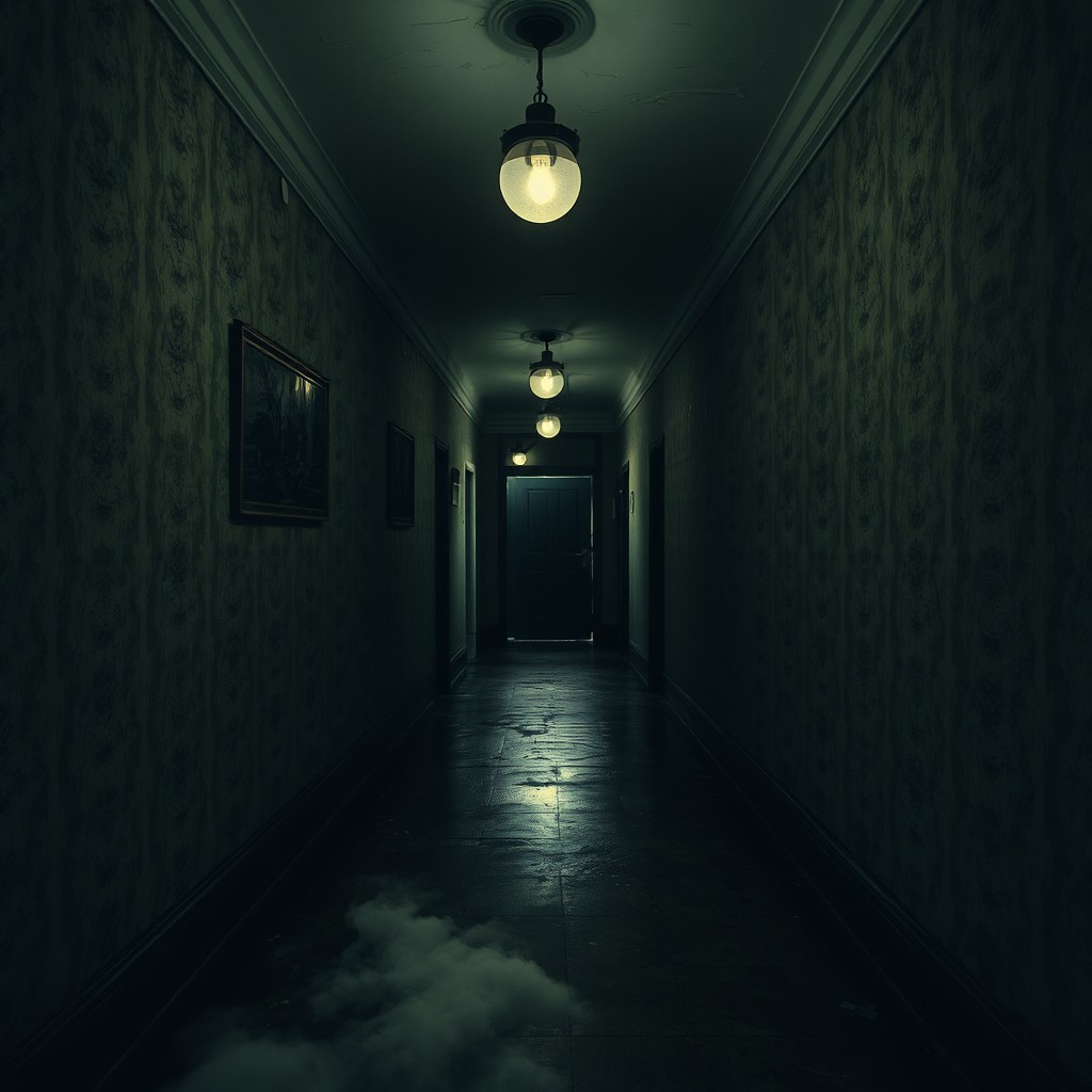 A surreal and atmospheric representation of a liminal space, depicting an empty, dimly lit hallway with peeling wallpaper and a flickering overhead light