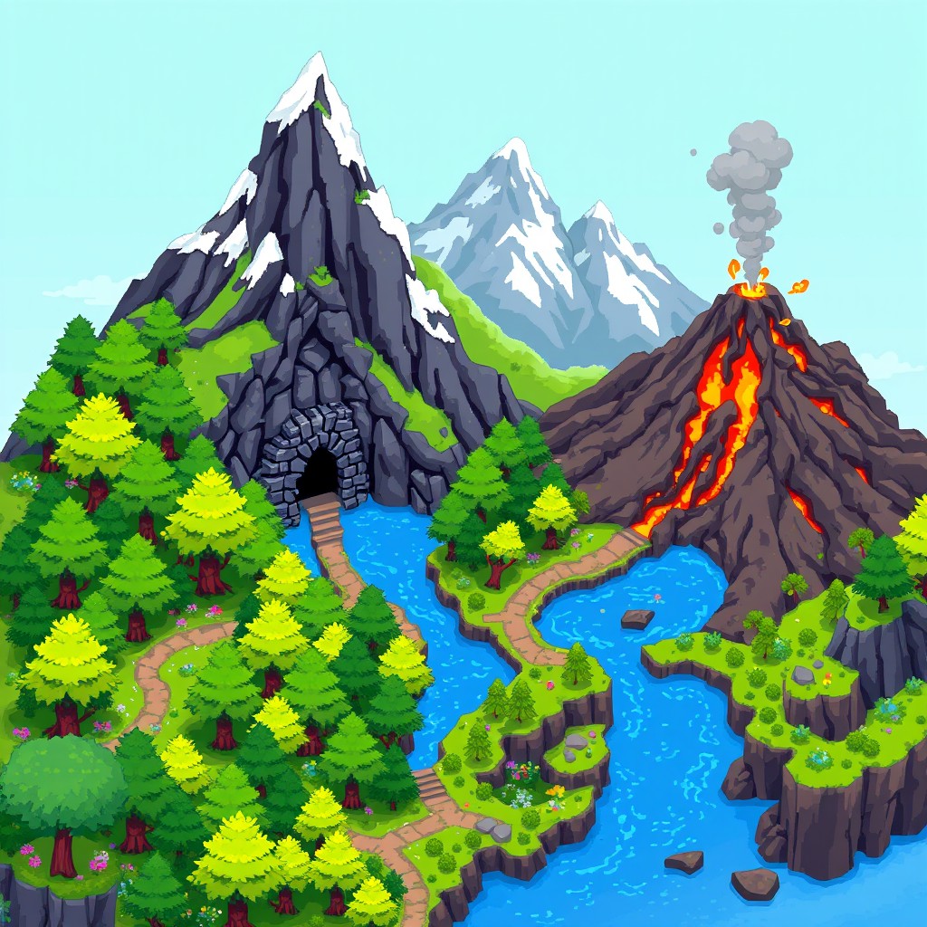 A vibrant 2D pixel art map designed at 144p resolution, illustrating a fantastical landscape without any characters or humans