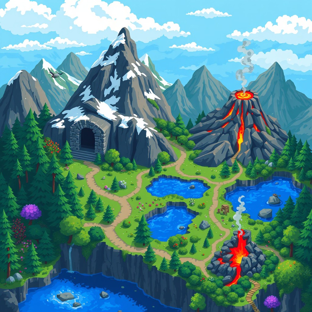 A vibrant 2D pixel art map illustrating a fantastical landscape devoid of characters or humans