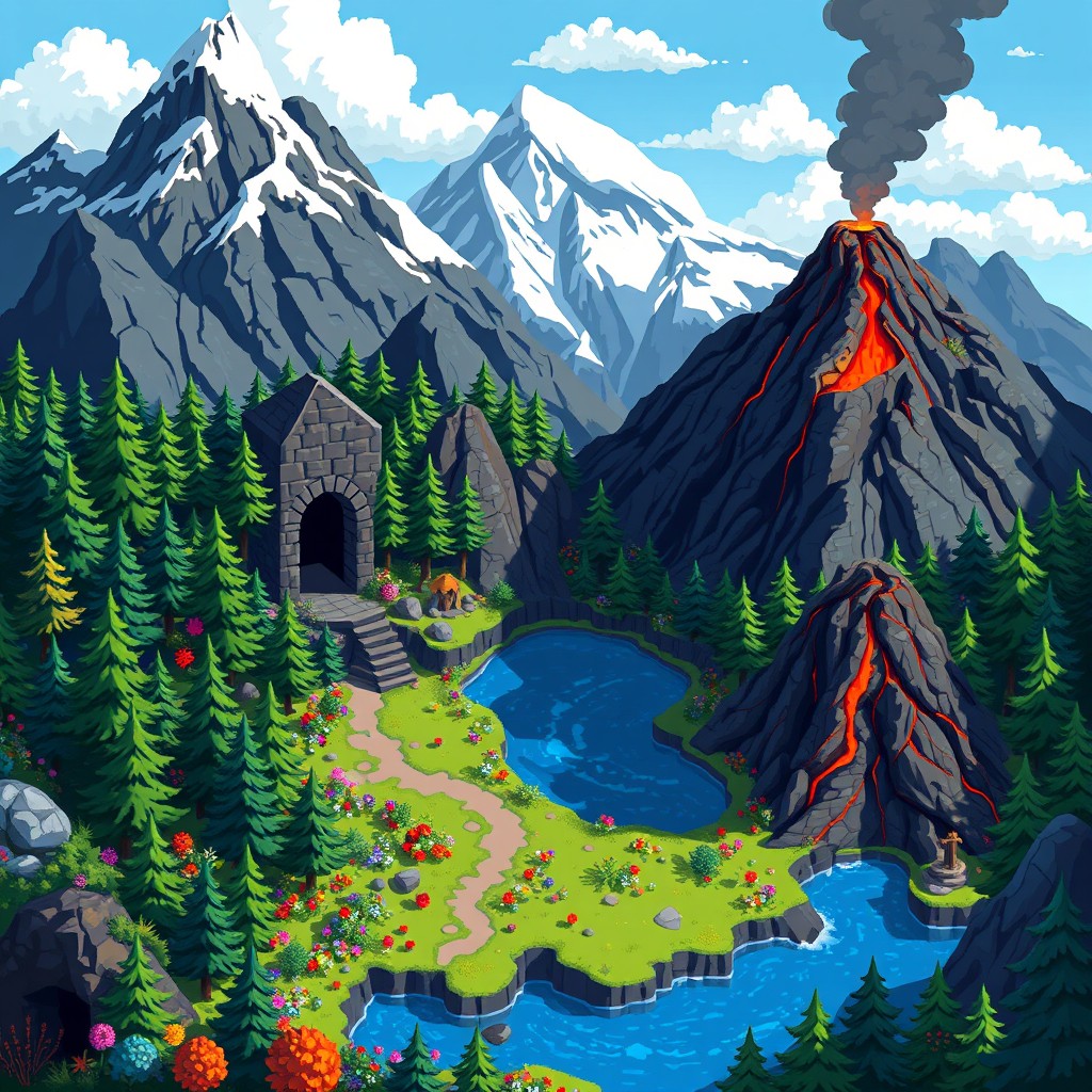 A vibrant 2D pixel art map depicting a rich fantasy landscape devoid of characters or humans