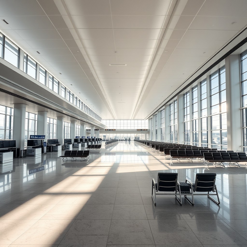 A vast and empty airport terminal, featuring sleek modern architecture with high ceilings and large glass windows