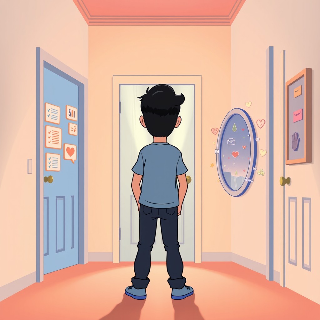 A vertical illustration in a Pixar-style emotional cartoon depicting a person standing in a softly lit hallway, facing three distinct doors