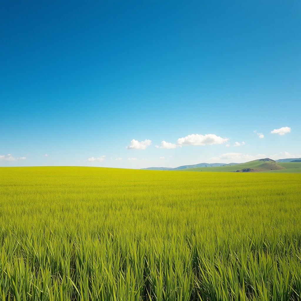 A vast, empty grass plane stretching out under a clear blue sky, with bright green grass gently swaying in the breeze