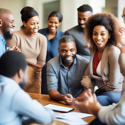 A dynamic picture of a diverse group of people engaged in a lively discussion, their expressions reflecting curiosity and involvement.