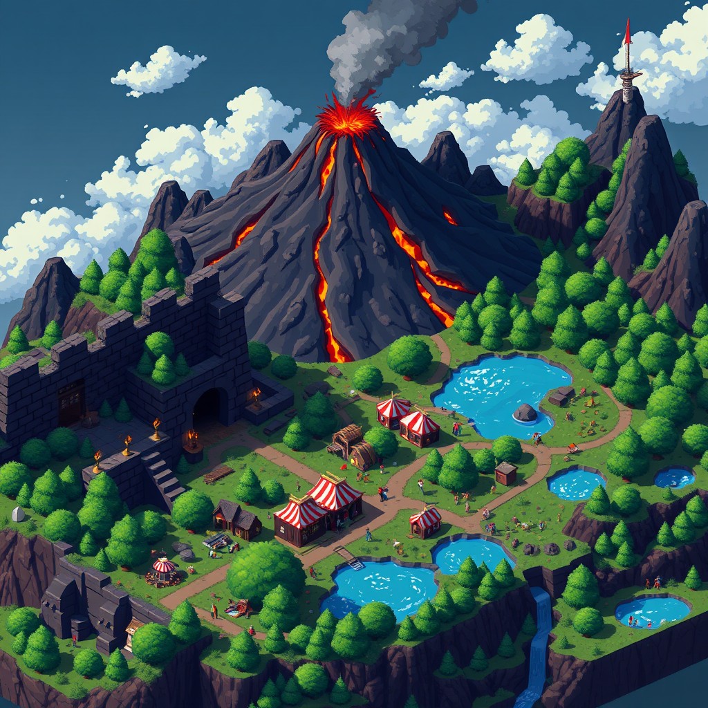 A detailed 2D pixel art map featuring various environments