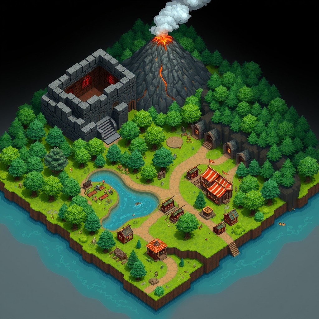 A detailed 2D pixel art map featuring diverse landscapes