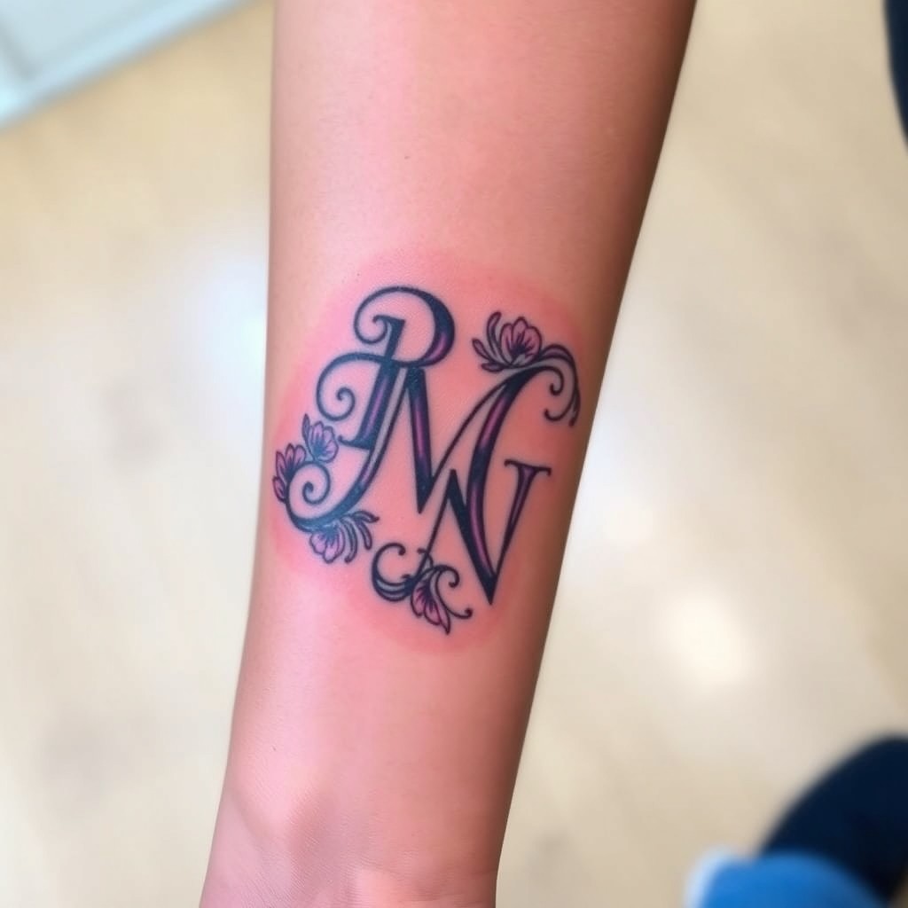 A beautifully designed tattoo featuring the letters P, M, and N intricately intertwined in a stylish, artistic font