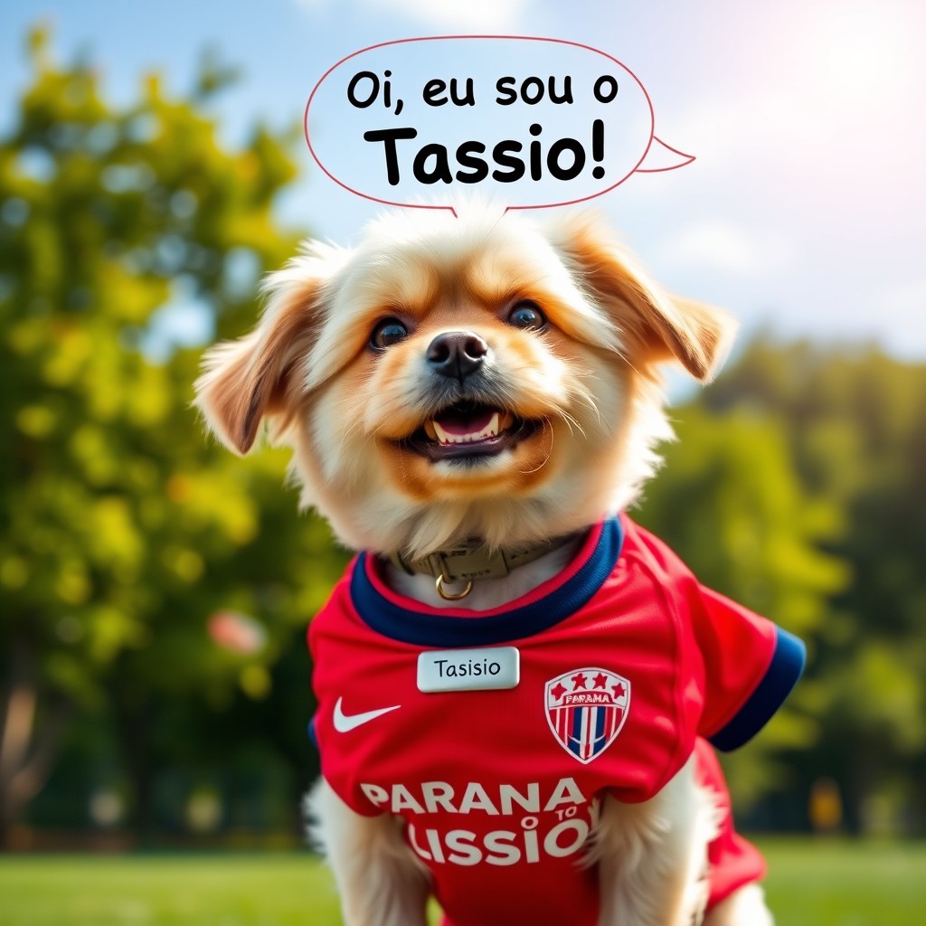 A small dog wearing a bright red Paraná Club jersey, showcasing the club logo prominently on the front