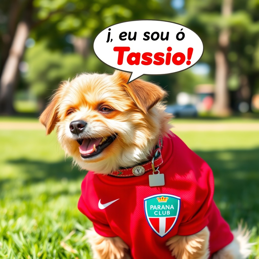 A small dog wearing a bright red Paraná Club jersey, featuring the club logo prominently on the front
