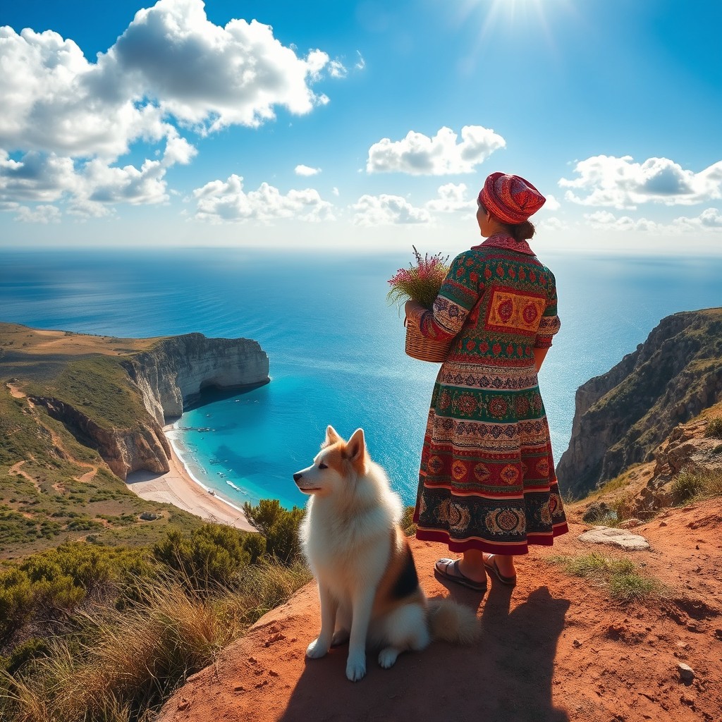 An adventurous scene featuring a traditional Montanheira Algavia (Algarvian mountain woman) depicted in a colorful, intricate outfit that showcases the unique fabric patterns and textures of Algarve folklore