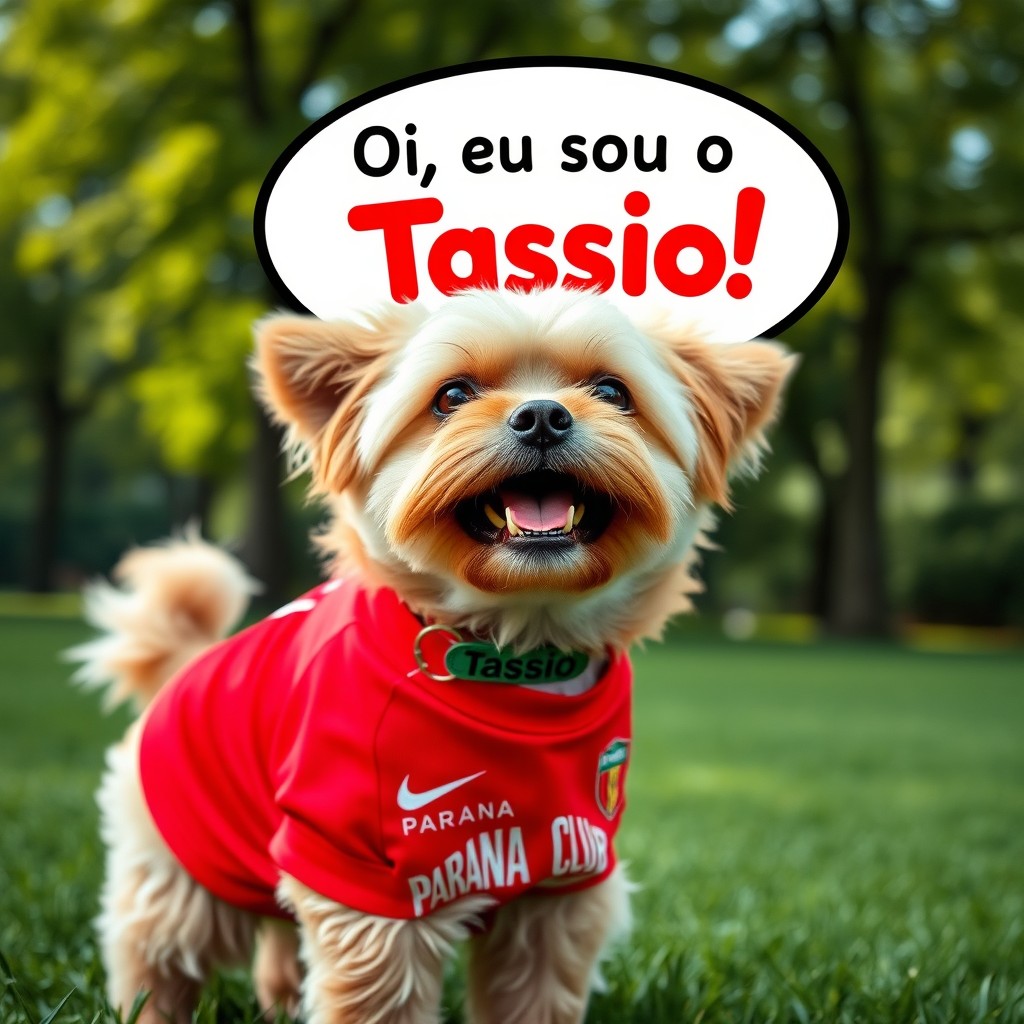 A small dog resembling a cacho (a specific breed) wearing a bright red Paraná Club jersey, matching exactly the style shown in the provided reference