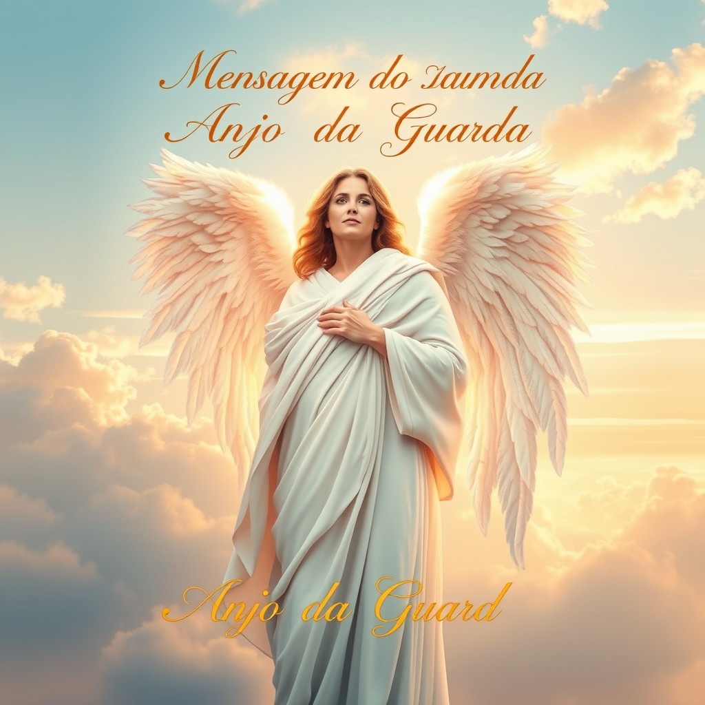 A beautiful book cover design for "Mensagem do Anjo da Guarda" featuring an adult guardian angel