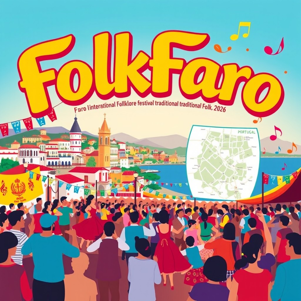 A vibrant and colorful poster for an international folklore festival named FolkFaro, showcasing traditional folk dances