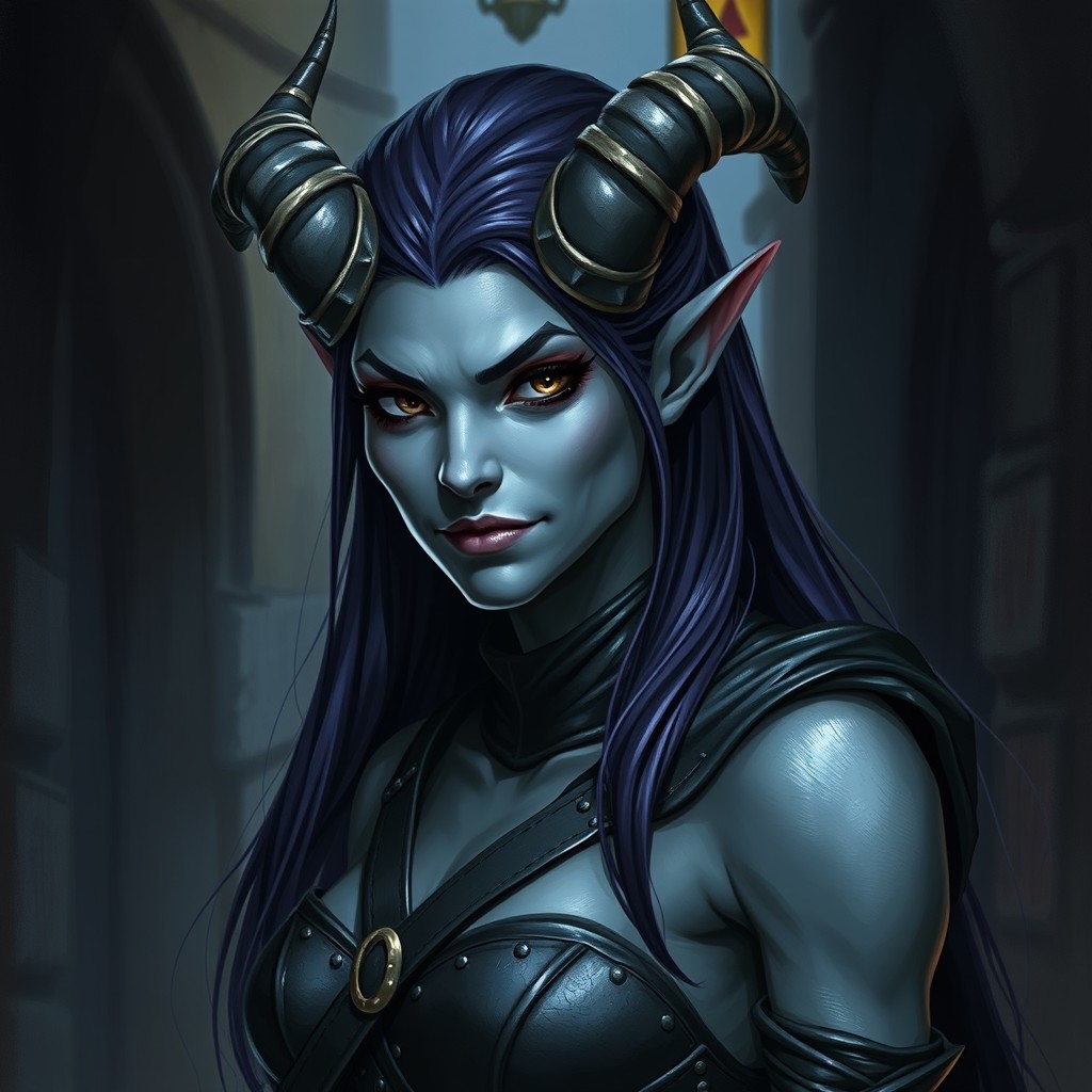 A female tiefling rogue with gray skin, showcasing her distinct horns and sharp features