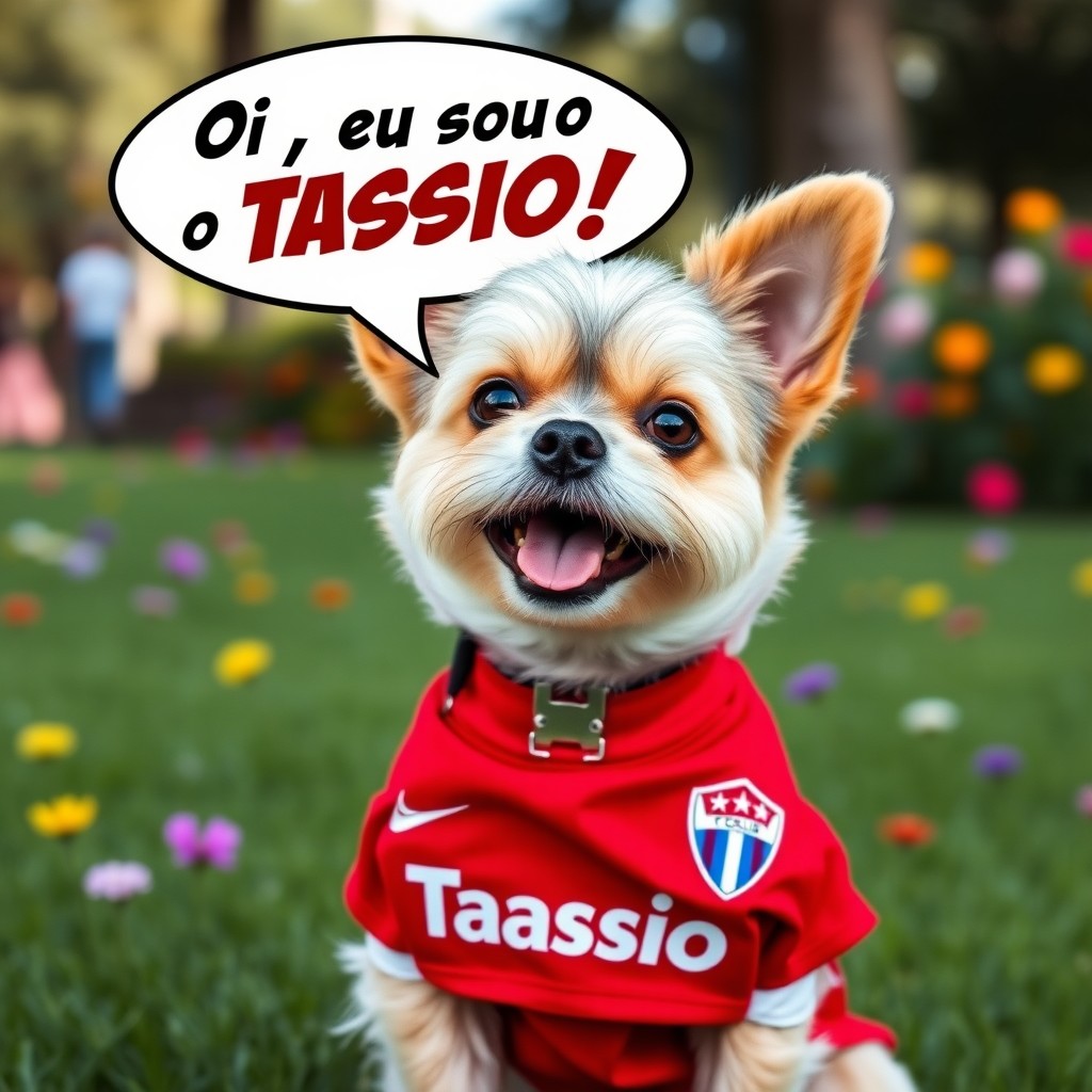 A small dog resembling a cacho, wearing a vibrant red Paraná Club jersey, matching the style in the provided reference