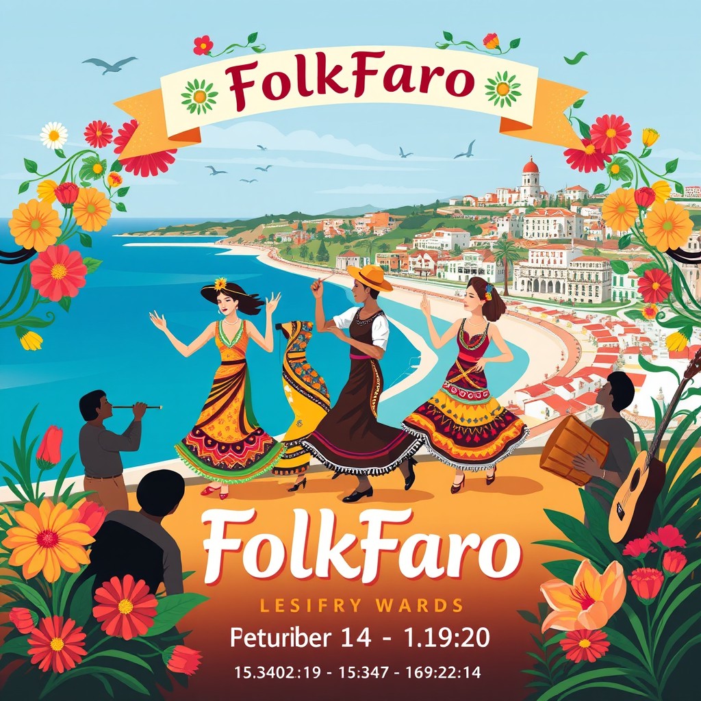 A colorful and vibrant poster design for an international folklore festival named 'FolkFaro' taking place in the city of Faro