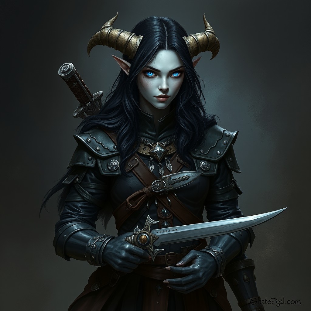 A female tiefling ctonic rogue with pale gray skin and a broken crown-like horn on the left side of her head