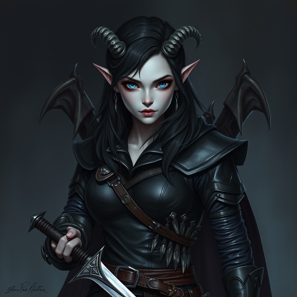 A female tiefling ctonic rogue with pale gray skin and a broken crown-like horn on the left side of her head
