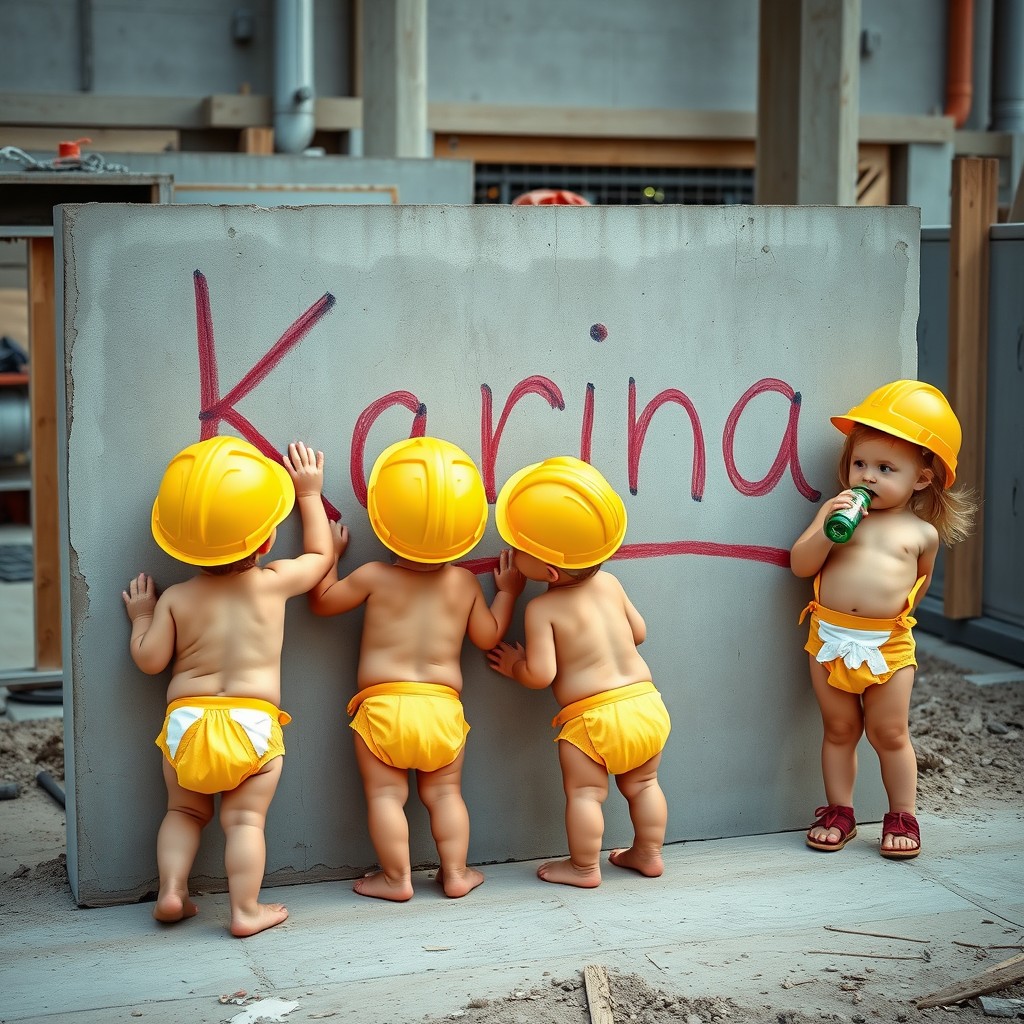 A group of young children dressed in yellow safety helmets and diapers are at a construction site, playfully writing the name 'Karina' on a concrete wall or wooden board