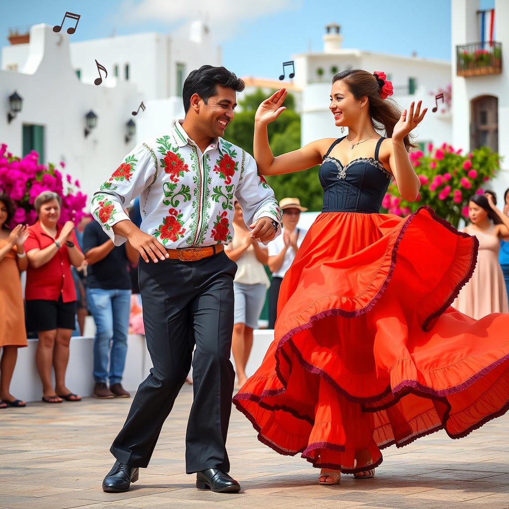 A pair of dancers passionately performing the traditional Corridinho dance from the Algarve region of Portugal
