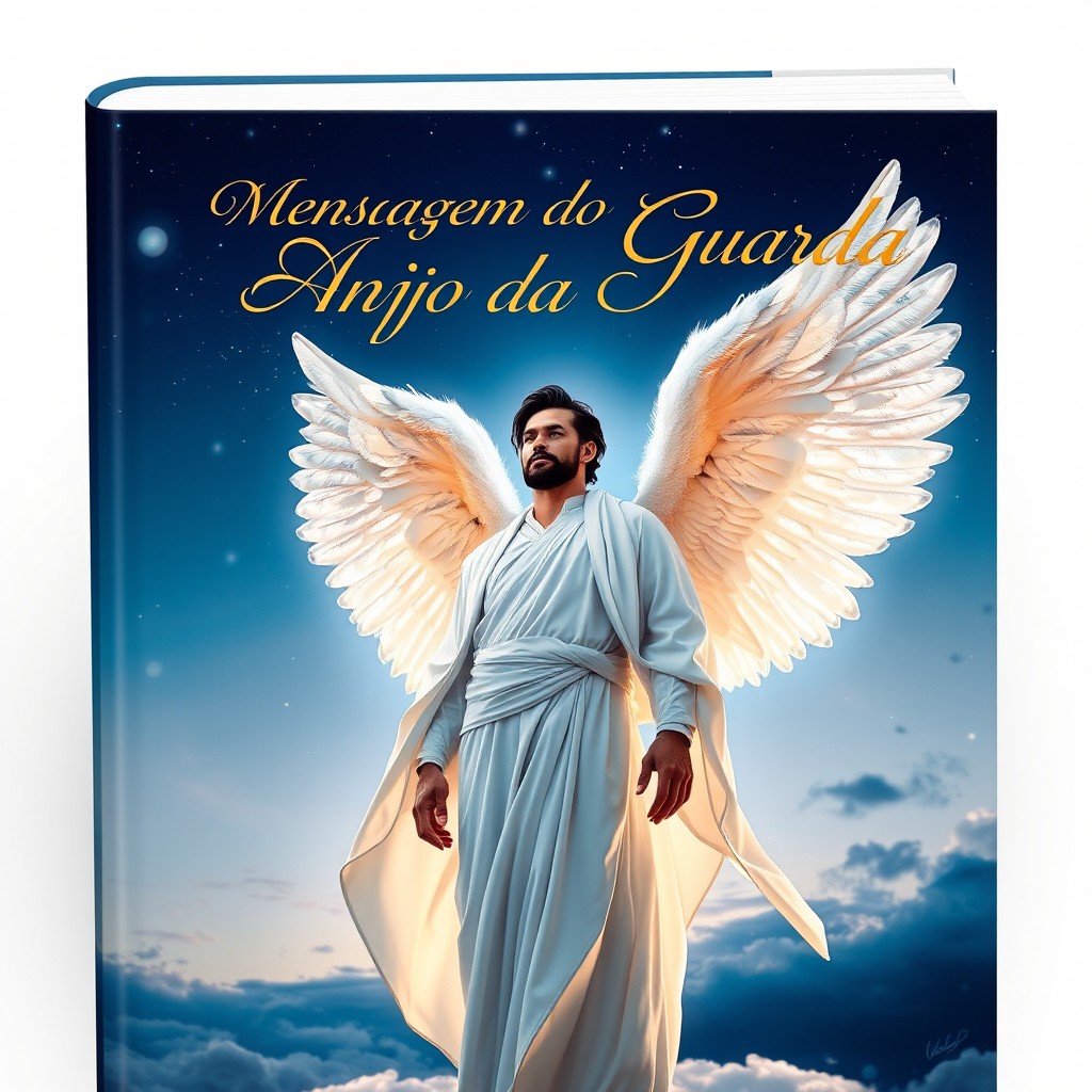 A striking book cover design for "Mensagem do Anjo da Guarda" featuring a male adult guardian angel