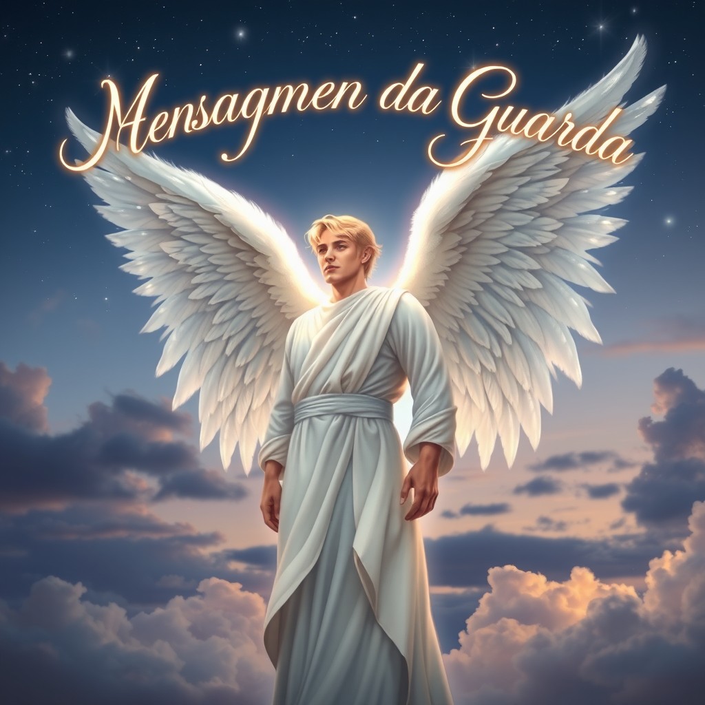 Create an enchanting book cover for "Mensagem do Anjo da Guarda" featuring an adult male guardian angel with blonde hair