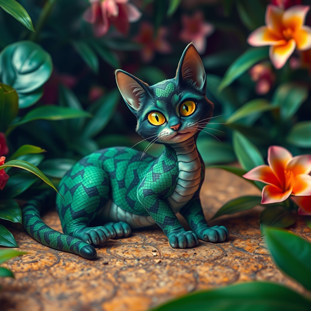 A whimsical cat with scales instead of fur, resembling a snake