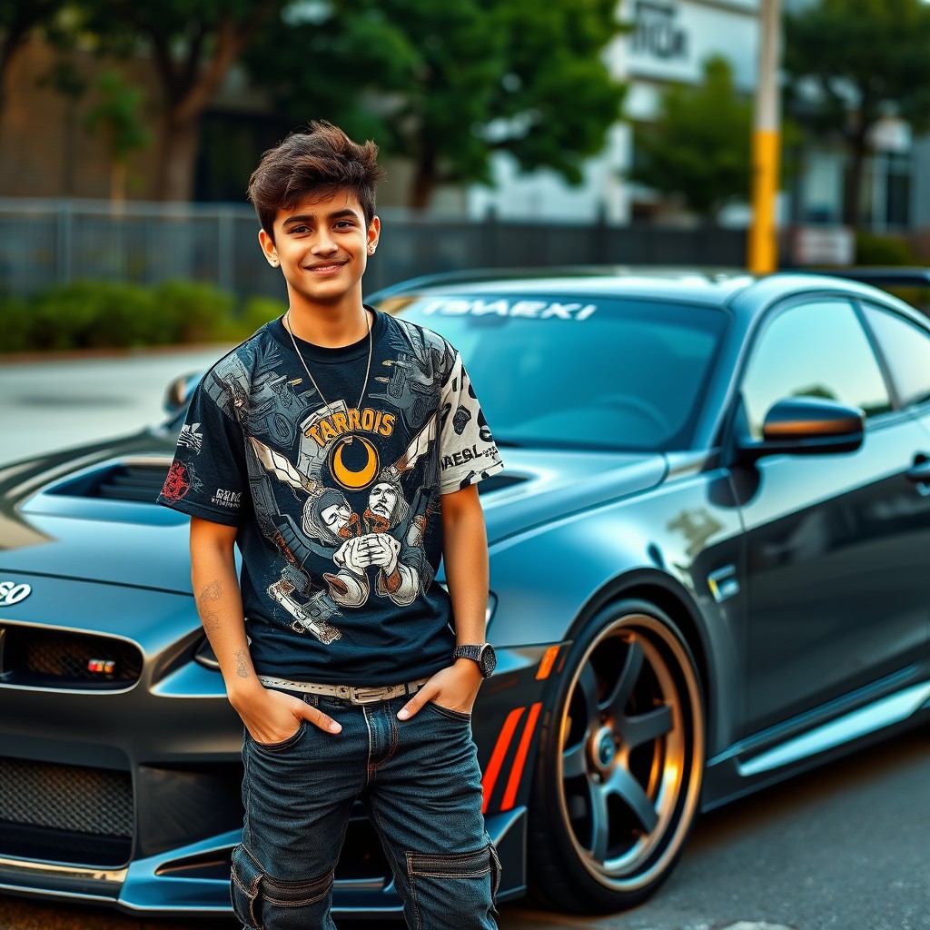 A young man around 23 years old with a goofy expression, standing confidently next to a modified turbocharged car