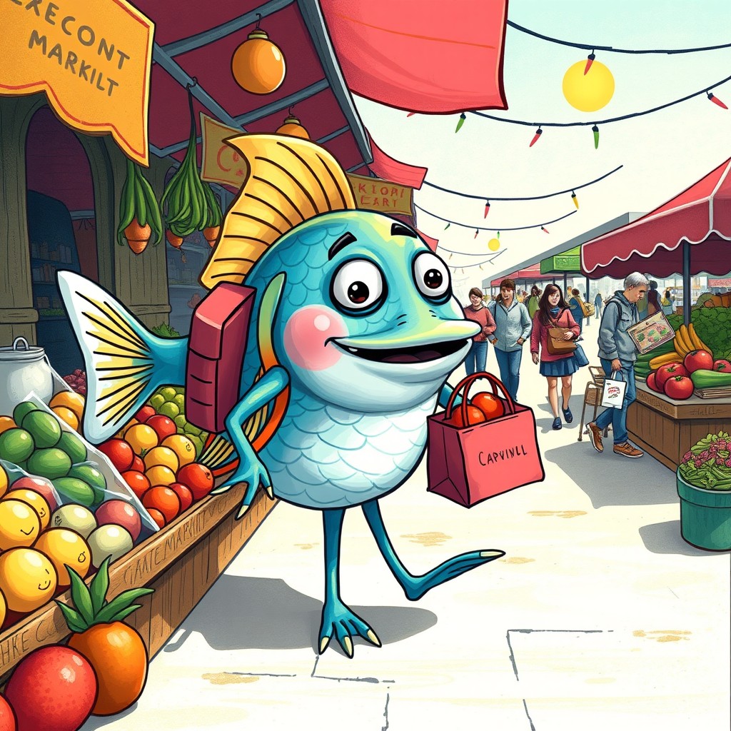 A whimsical scene featuring a fish with legs shopping in a vibrant market