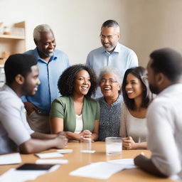 A dynamic picture of a diverse group of people engaged in a lively discussion, their expressions reflecting curiosity and involvement.