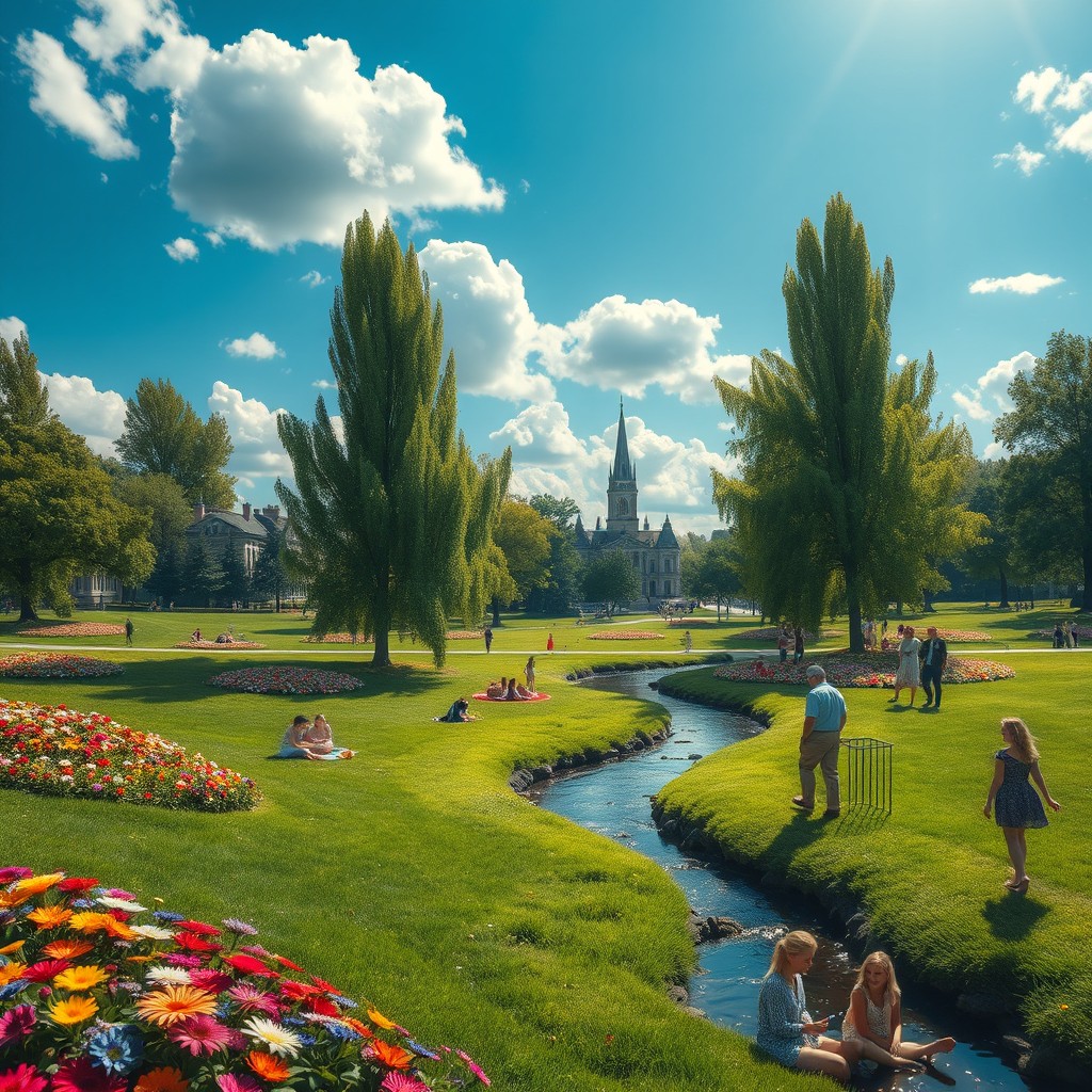 A surreal and vibrant outdoor park scene on a sunny day, filled with vast green grass, colorful flowers in full bloom, and tall trees swaying gently in the breeze