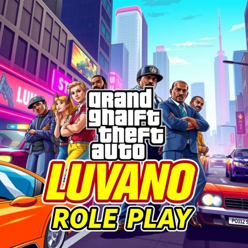 A vibrant and dynamic banner for a Grand Theft Auto Role Play community called Luvano Role Play