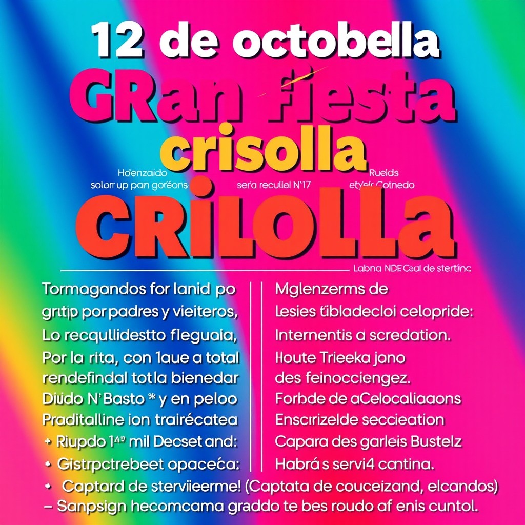 A colorful and vibrant promotional poster for a criolla festivity titled in bold large letters: "12 de octubre Gran fiesta criolla"