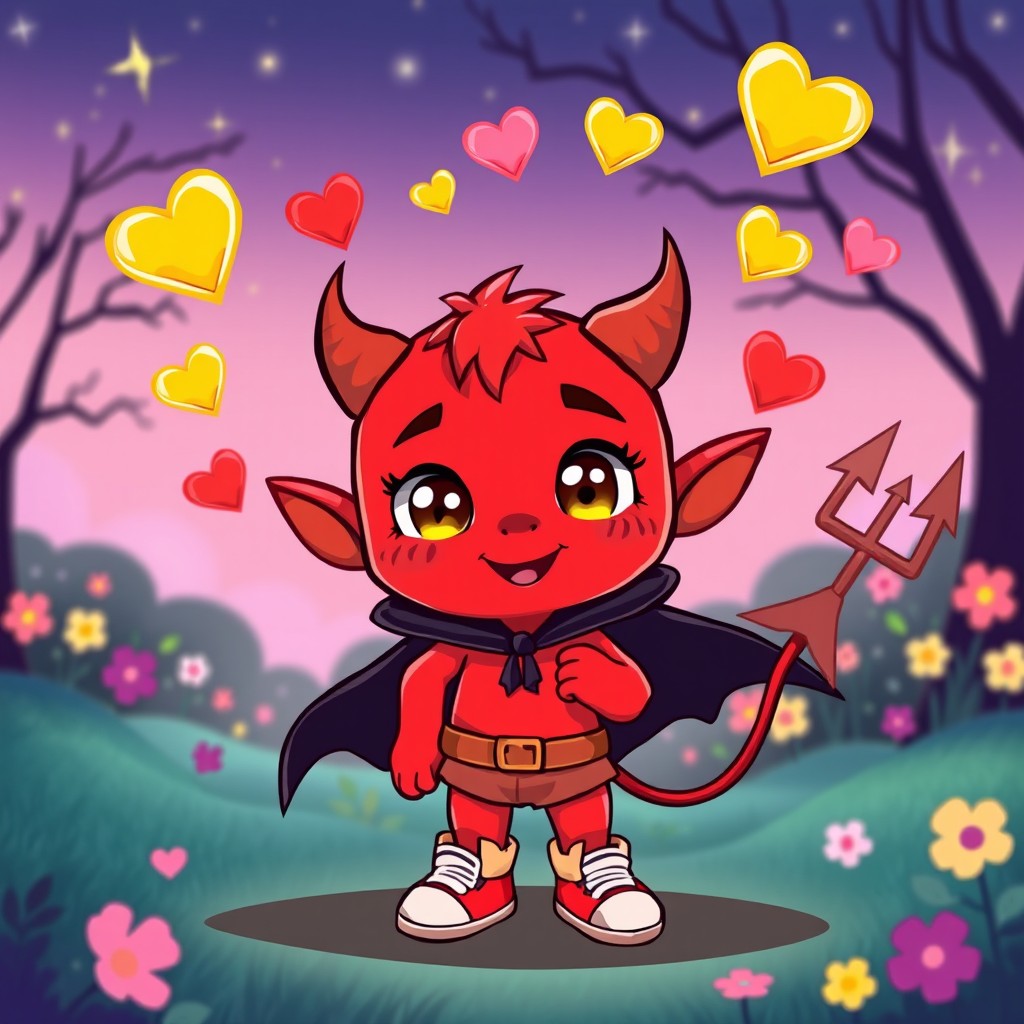 A cute, cartoonish devil character with a playful smile, small, rounded horns, and bright red skin with rosy cheeks