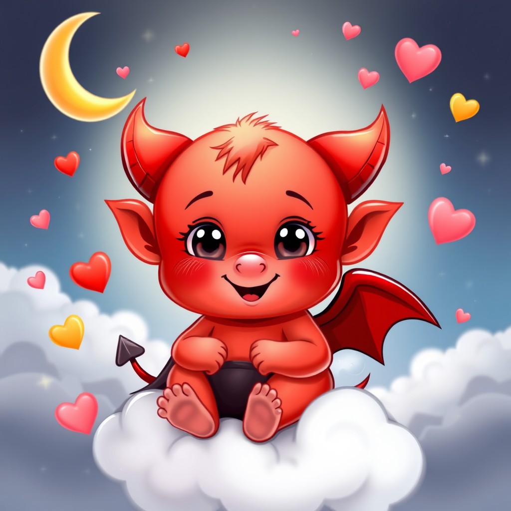 A cute, baby devil with big, innocent eyes and small, soft horns peeking from its head