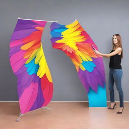 Design of a flexible banner displaying vibrant, colorful wings ideal for a selfie stand.