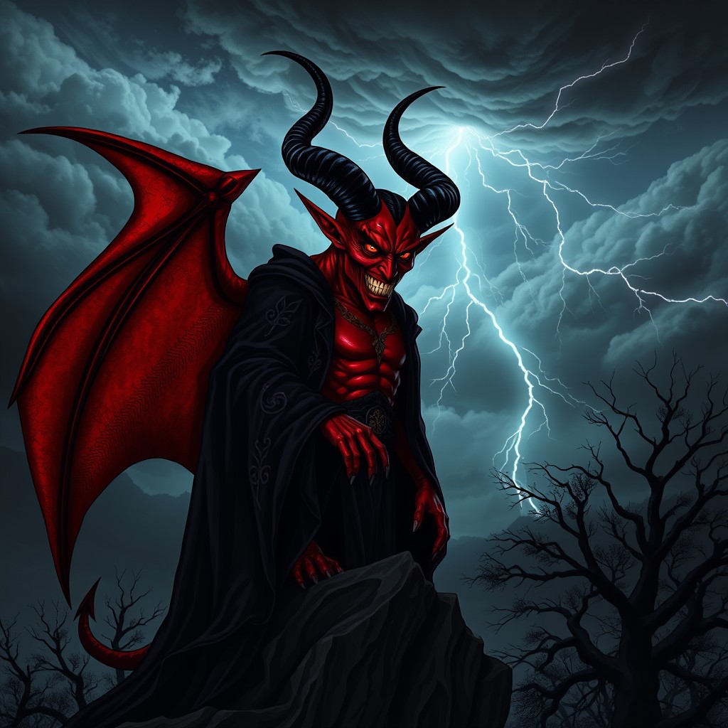 A powerful and ominous devil figure, with deep crimson skin and large, menacing black horns curling elegantly from its forehead
