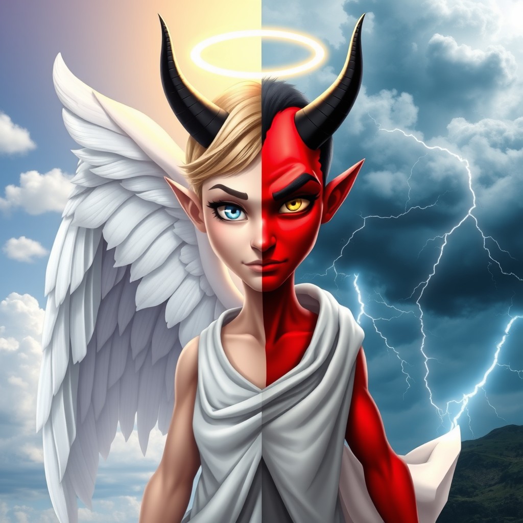 A striking character that is half angel and half devil, showcasing a unique blend of features