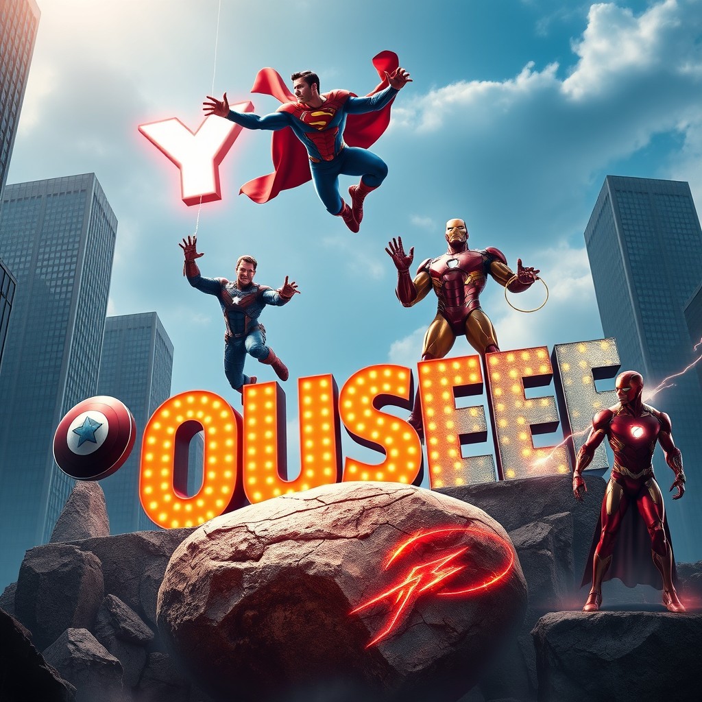 A thrilling and inspiring image featuring famous superheroes: Superman, Spider-Man, Iron Man, Captain America, Hulk, Wonder Woman, and The Flash, collaborating creatively to write the name 'Youssef' amidst a vibrant, energetic atmosphere