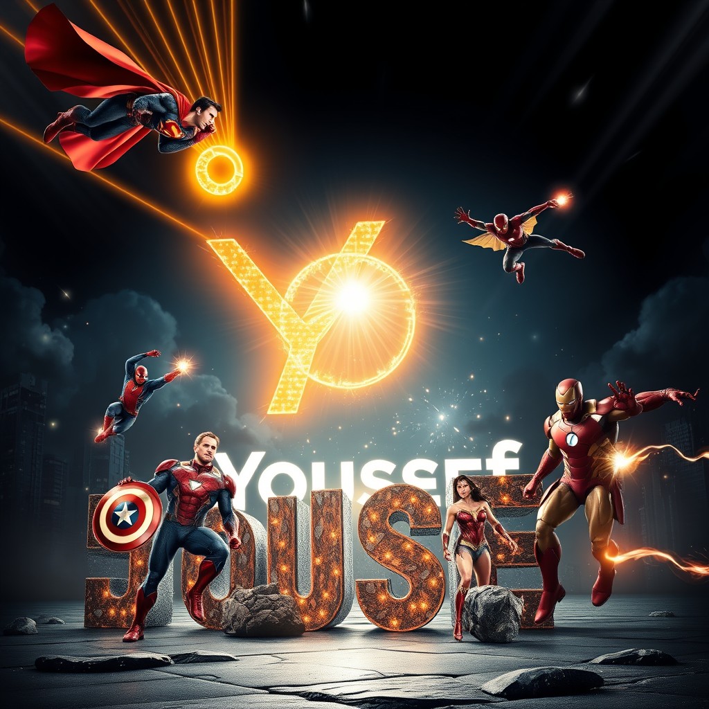 A thrilling and inspiring scene featuring iconic superheroes: Superman flying high in the sky carrying a giant glowing logo in the shape of the letter 'Y', made of laser beams