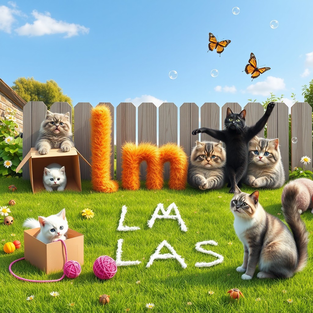 A whimsical and cute scene featuring several colorful cats with distinct personalities collaborating in a playful manner to spell the name 'Almas' in a beautiful garden on a sunny morning