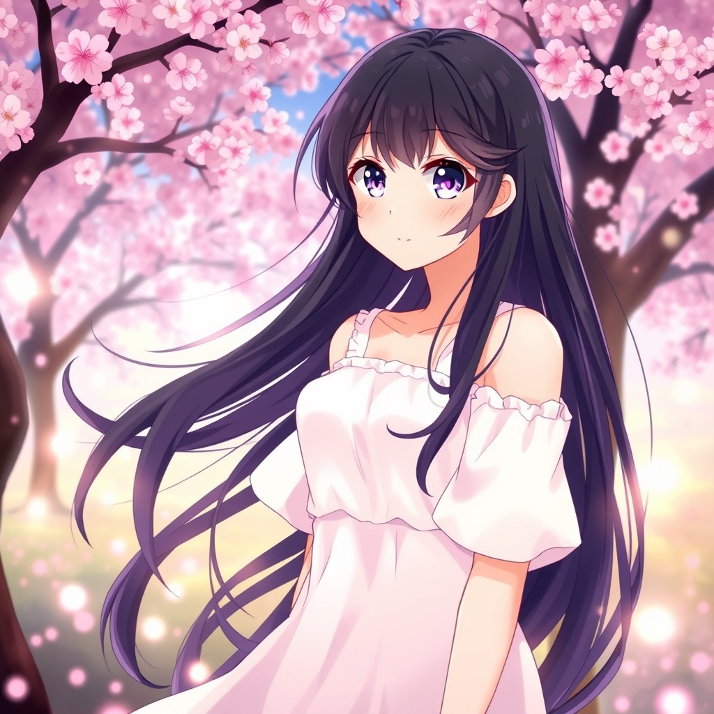 A dreamy, beautiful anime girl with long, flowing black hair and striking purple eyes