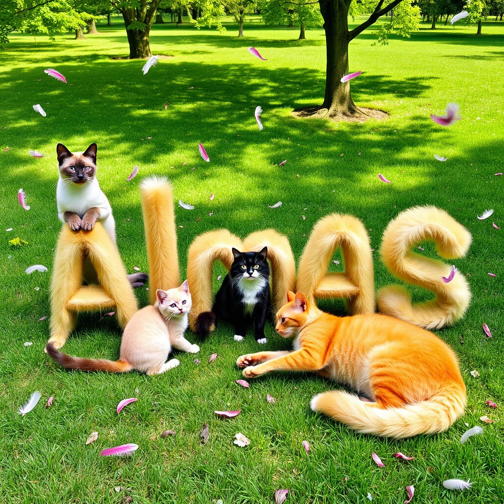 In a bright green park, a group of cats of various breeds and colors gather to form the letters of the name 'Almas' with their fur